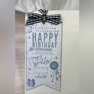 Jumbo Happy Birthday Gift Tag with Black & White Bow 7 1/4” long and 3 1/2” wide